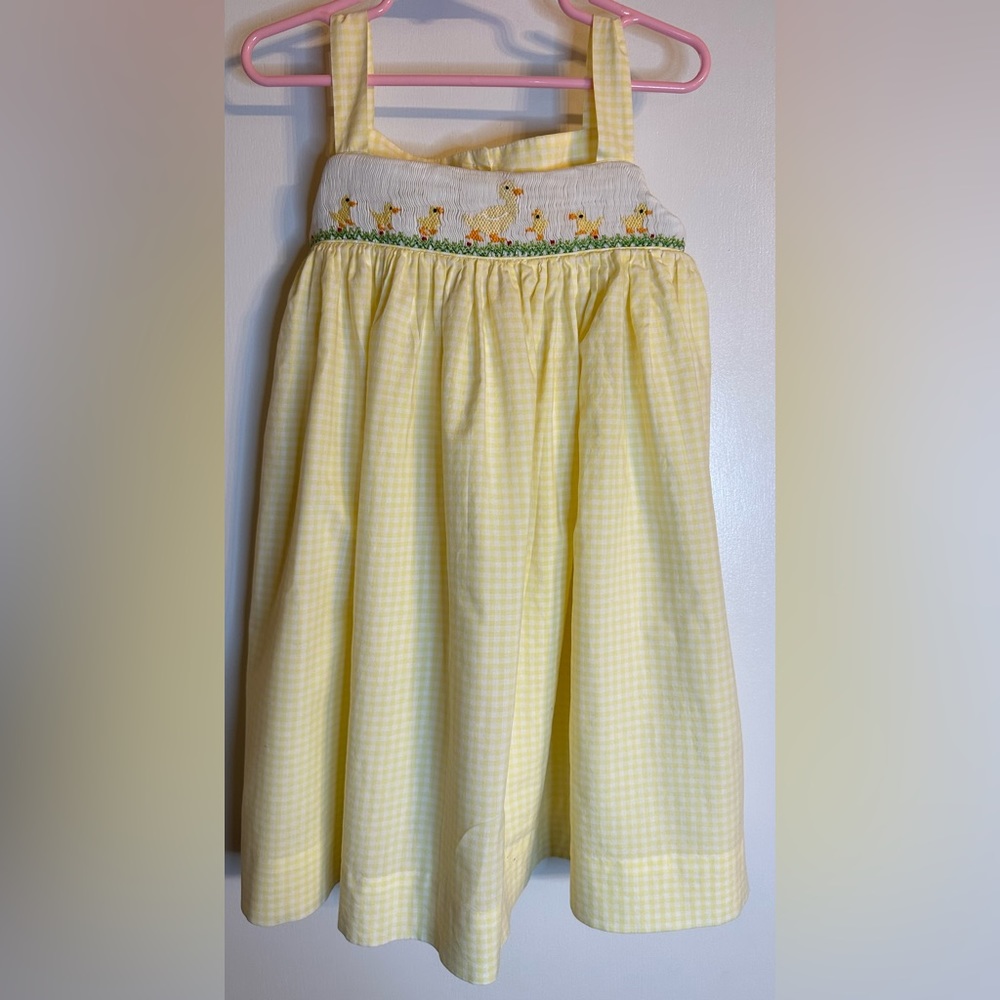 Girls Yellow & white Gingham Hand Smocked Dress with Goose and 6 Goslings
